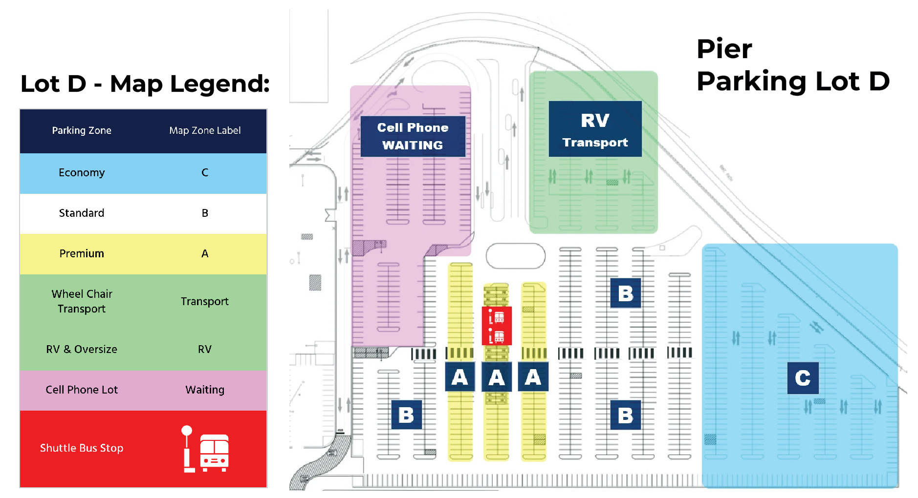 Pier 91 Parking Lot D map showing Economy, General, Premium parking zones and shuttle bus stops at Seattle cruise terminal